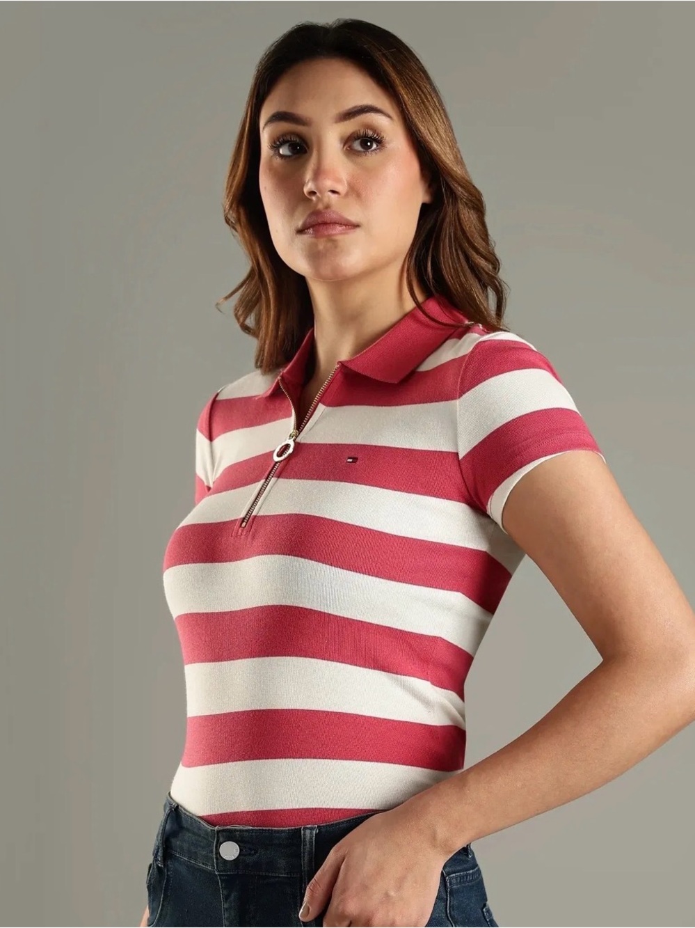 NWT Tommy Hilfiger Women's Pink & White Stripe Polo Zip Top